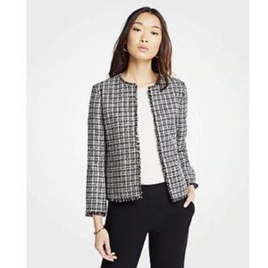 Ann Taylor Black & White Fringe Tweed Open Jacket